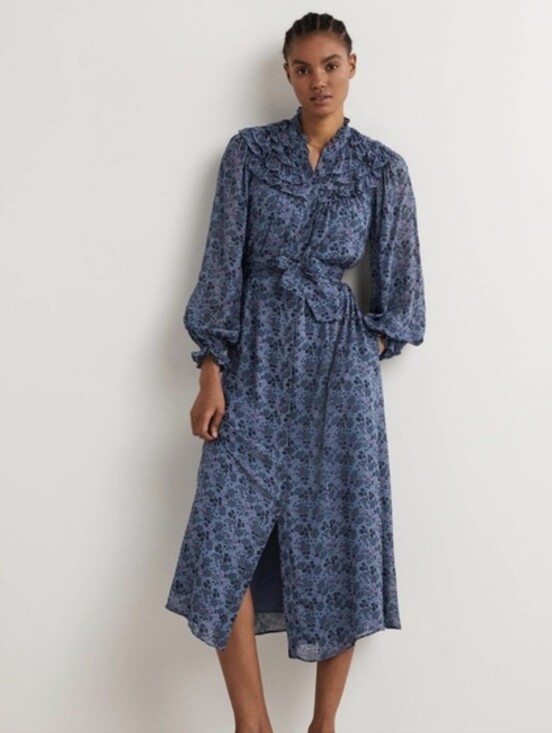 Boden Dresses & Skirts - Boden Ruffle Yoke blue floral Midi Shirt Dress belted spring long sleeve 12
